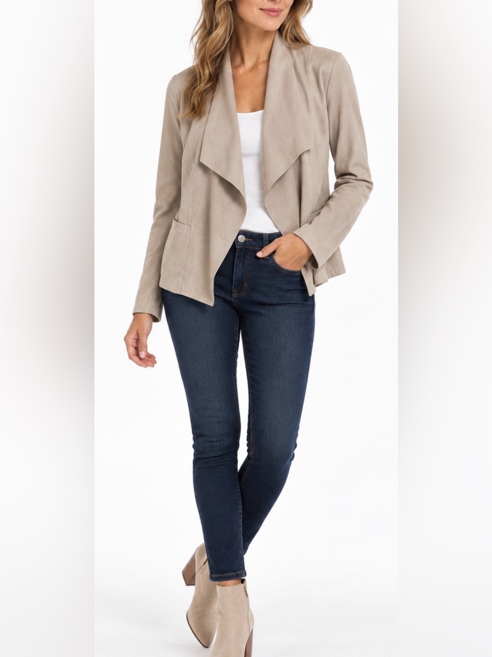 Max Studio Jacket London Faux Suede Draped Beige Open-Front Blazer Oyster Coat